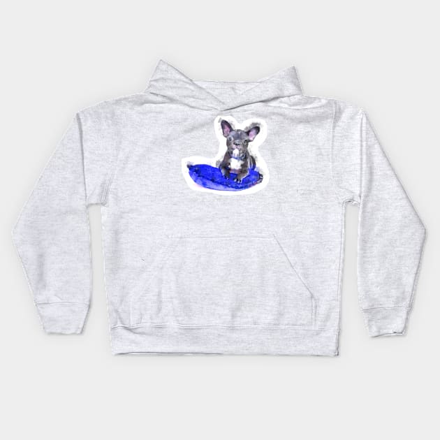 Cute Black And White Bulldog Puppy On A Blue Cusion Digital Portrait Kids Hoodie by NeavesPhoto